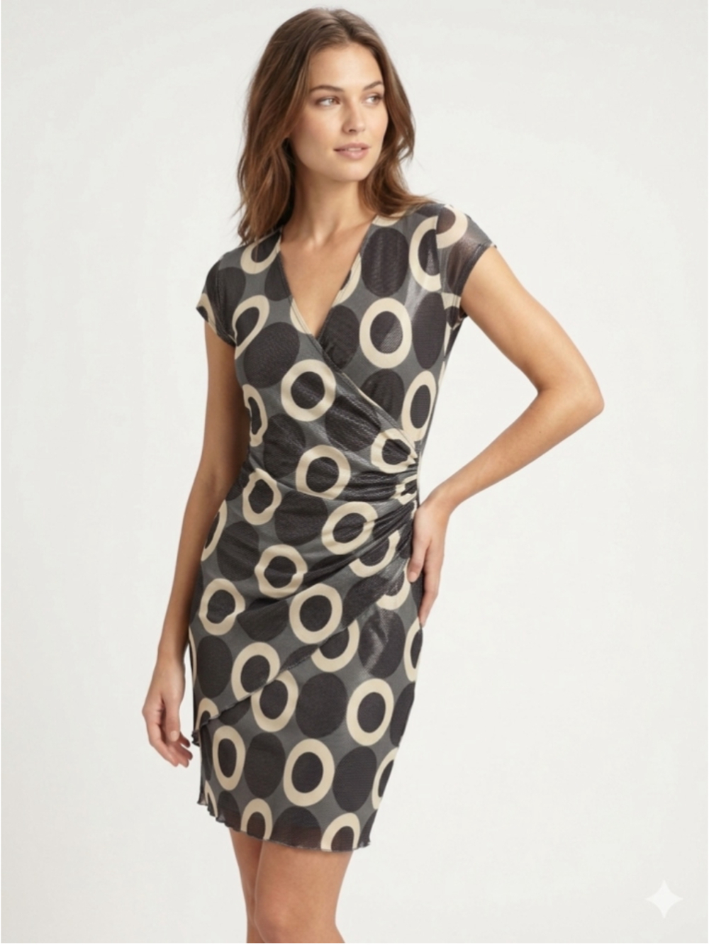 VTG Joseph Ribkoff Geometric Wrap Dress Size 14 Metallic Abstract Ring Retro 940